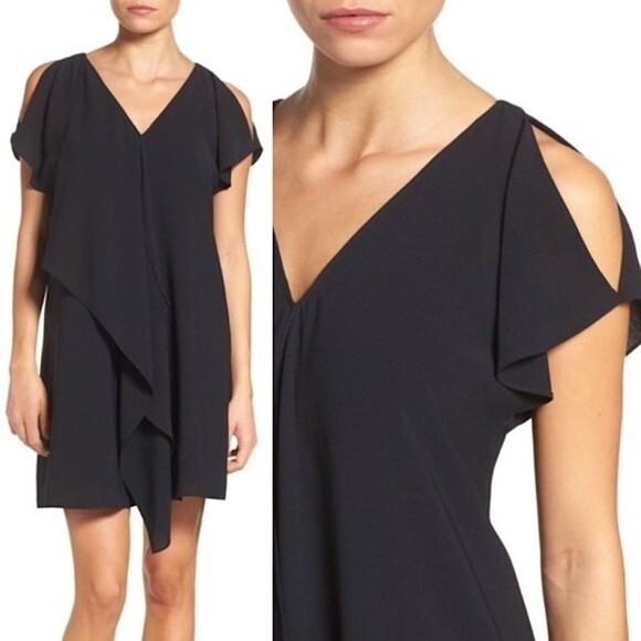 NWOT Adrianna Papell Cold Shoulder Black Draped Mini Above Knee Shift Dress 2 - Picture 2 of 8